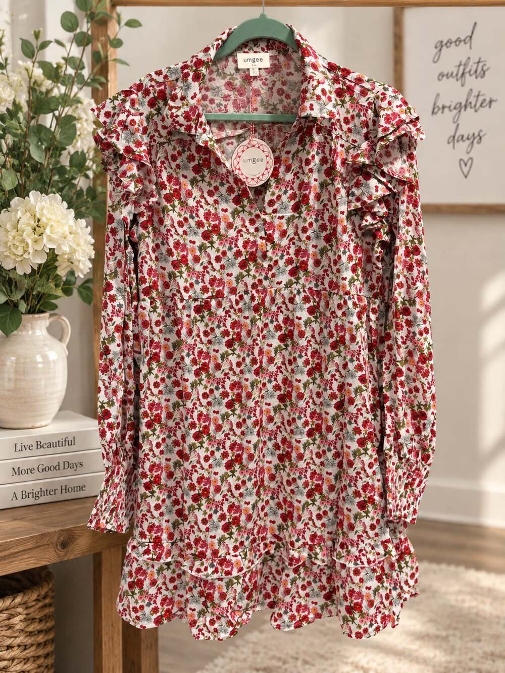 NWT Umgee boutique Floral Print Ruffle Dress Sz L
